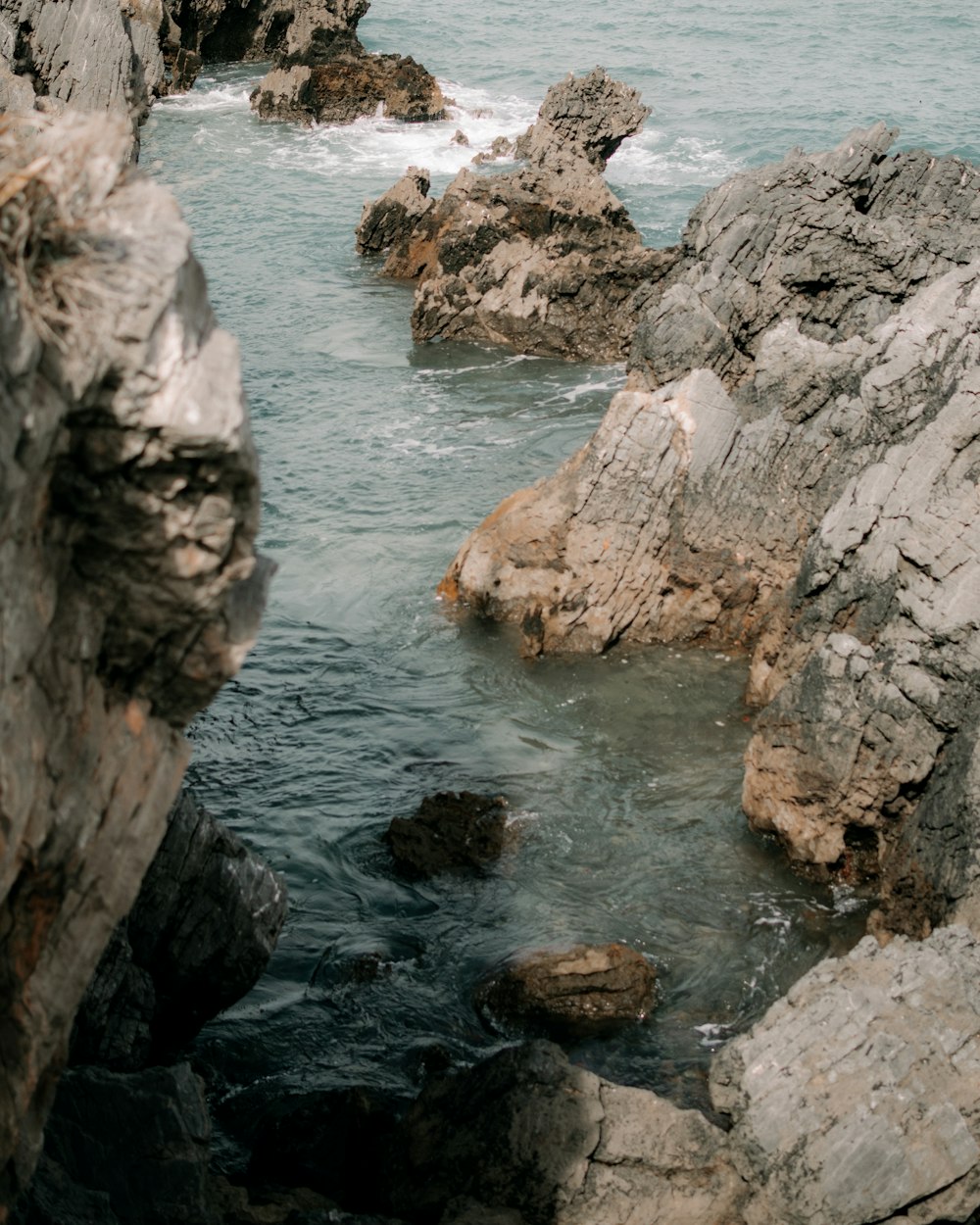 a rocky beach with a body of water in the background