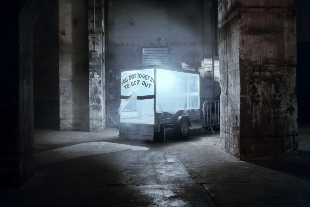 a truck parked in a garage