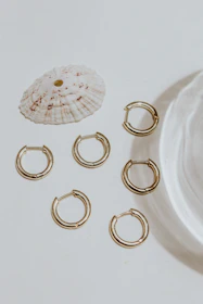 Photo of a collection of delicate, hypoallergenic ear piercings displayed on a smooth nude surface with golden accents.