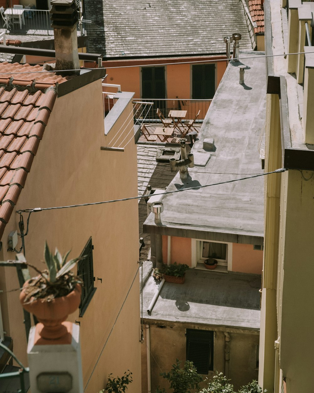 a group of buildings with plants on the roof