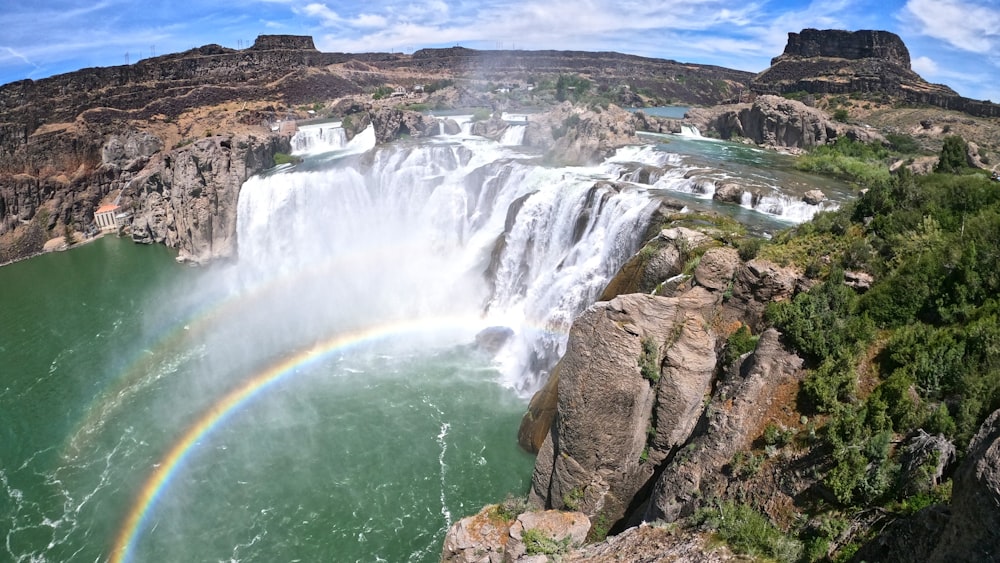 a waterfall and a town