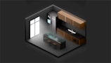 An isometric view of a modern kitchen with sleek cabinets and a refrigerator. There is a central island with bar stools, and the scene is illuminated by light coming from a large window.