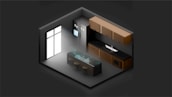 An isometric view of a modern kitchen with sleek cabinets and a refrigerator. There is a central island with bar stools, and the scene is illuminated by light coming from a large window.