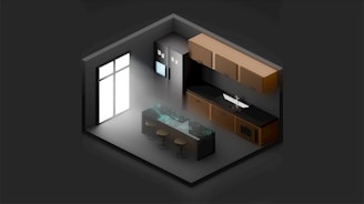 An isometric view of a modern kitchen with sleek cabinets and a refrigerator. There is a central island with bar stools, and the scene is illuminated by light coming from a large window.
