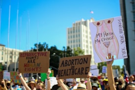 A group of people participates in a protest, holding signs advocating for reproductive rights and healthcare. The background features tall buildings and clear blue skies. Numerous signs have written messages such as 'Reproductive Rights are Human Rights,' 'Abortion = Healthcare,' and 'My Pussy My Choice.'