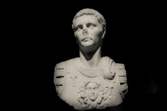 A marble bust of a male figure wearing a toga and armor is prominently displayed. The sculpture features detailed carvings on the armor, including a Medusa head motif. The background is completely black, which contrasts sharply with the light color of the bust, highlighting its classical features.
