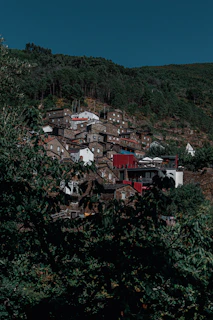 Rustic Myènè village houses nestled among lush greenery.