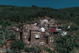 Stone houses are nestled on a lush green hillside, surrounded by dense forest. The structures appear rustic, with dark, earthy tones that blend with the natural environment. Small paths weave through the village, suggesting a remote, peaceful setting.