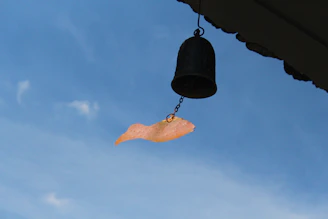 A traditional brass pooja bell being rung gently during a morning prayer, with soft sunlight filtering through.