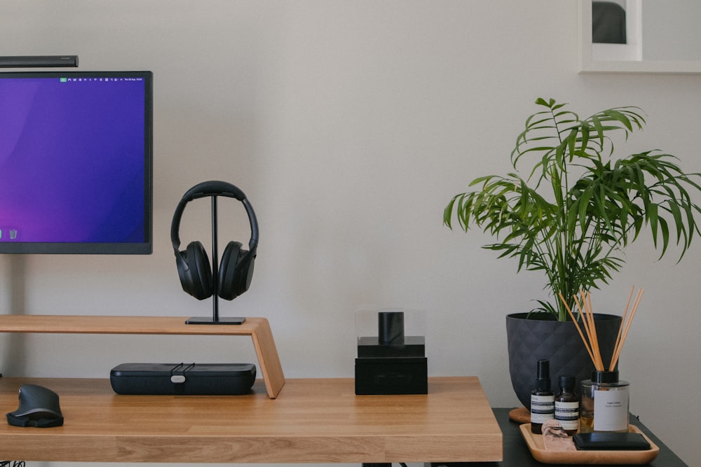 a desk with a lamp and a plant on it