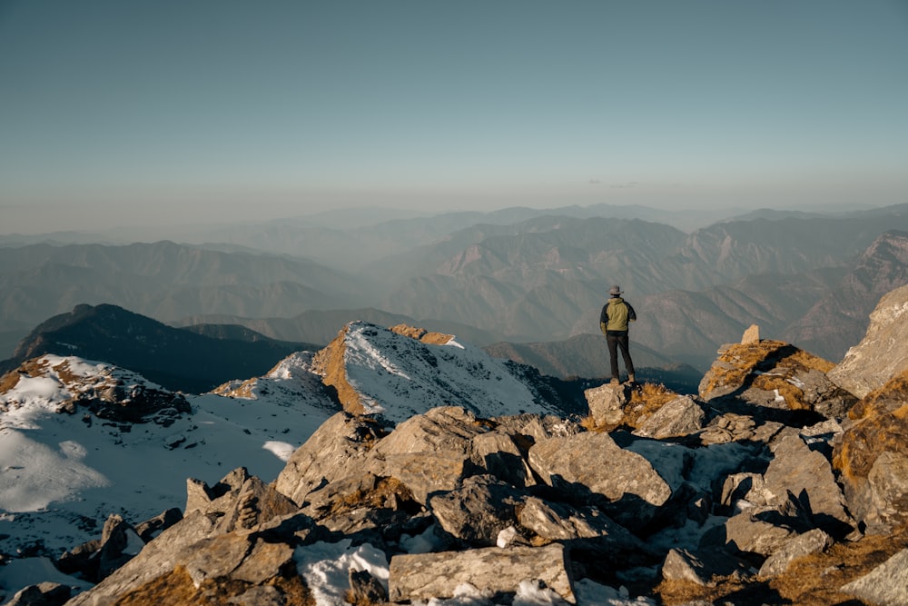 a person standing on a rocky mountain