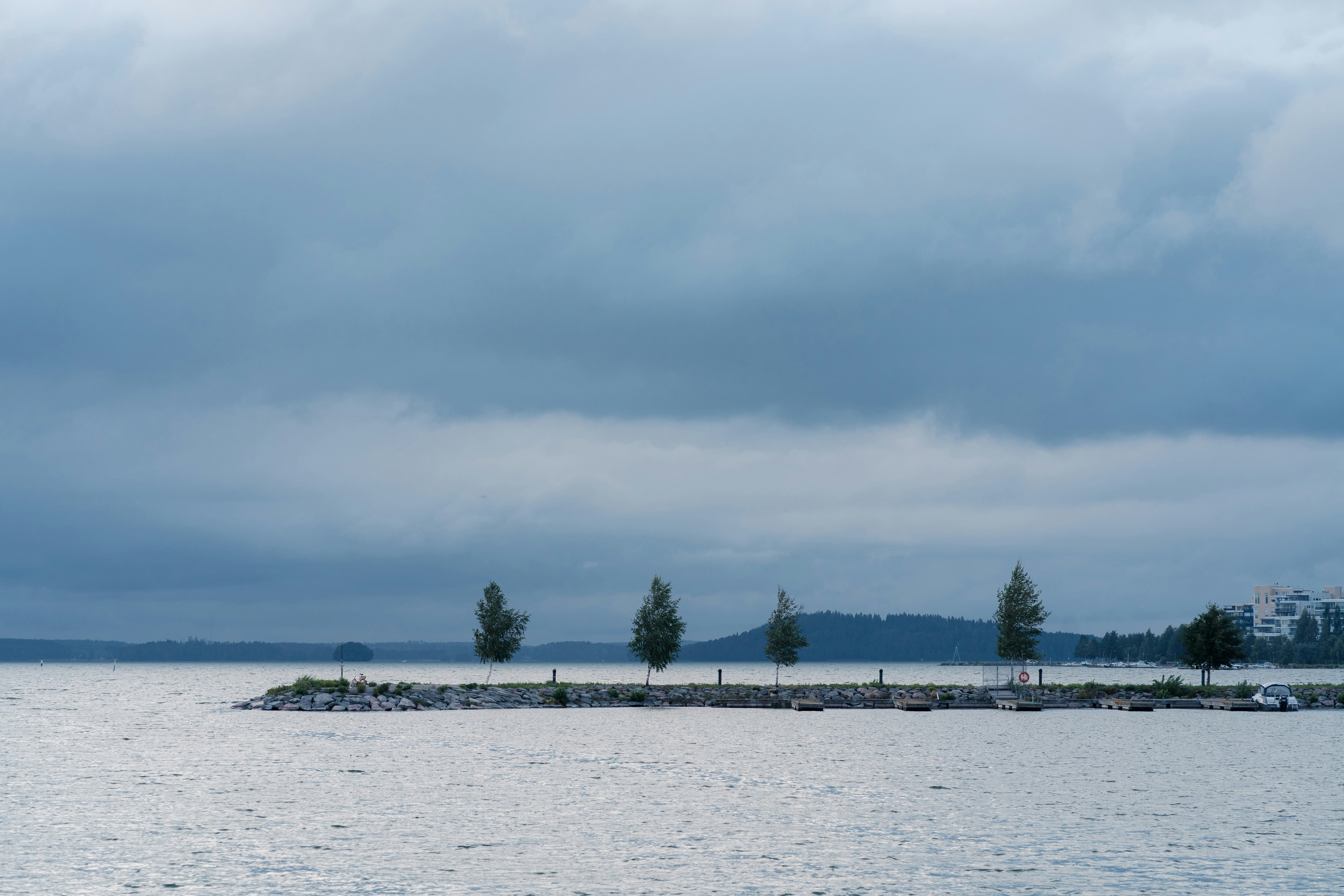 a body of water with trees on it and buildings in the background