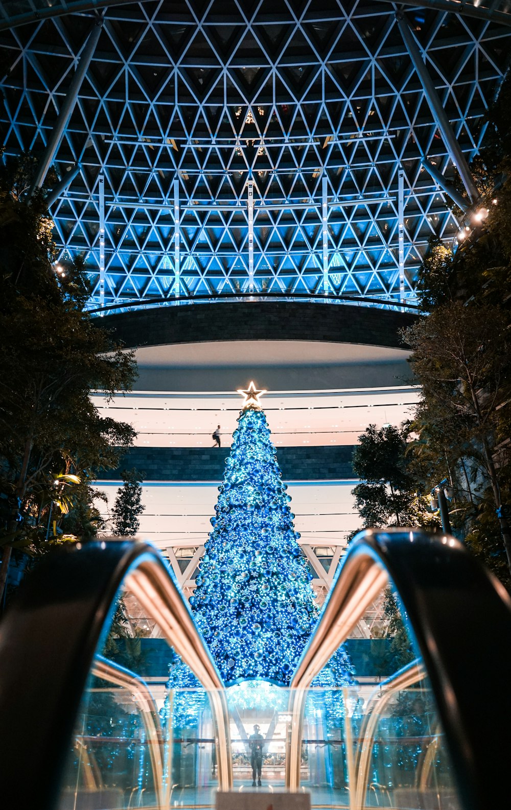 a large christmas tree in a large room with a large glass ceiling