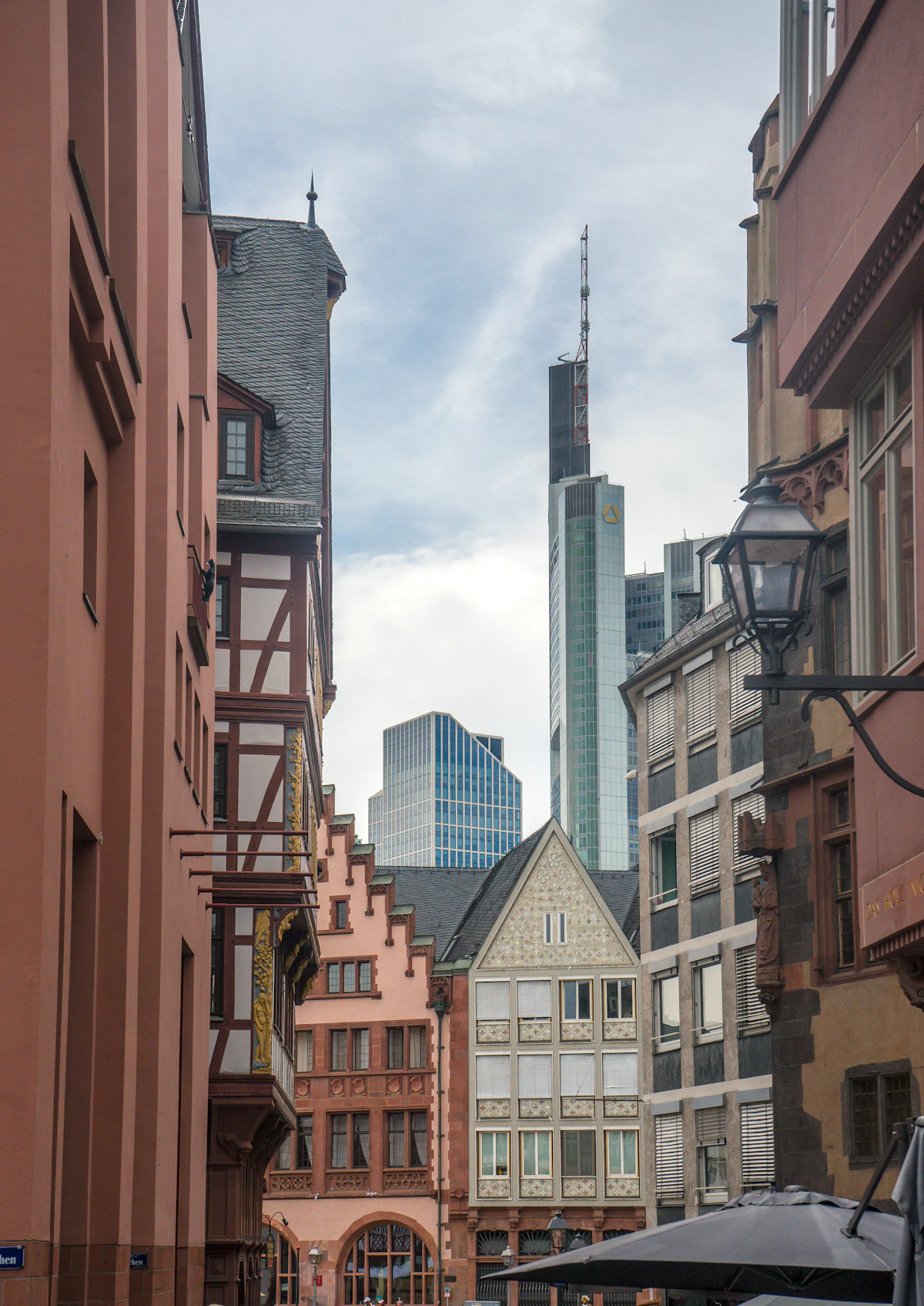 Frankfurt financial district skyline at dusk, seen from across the river