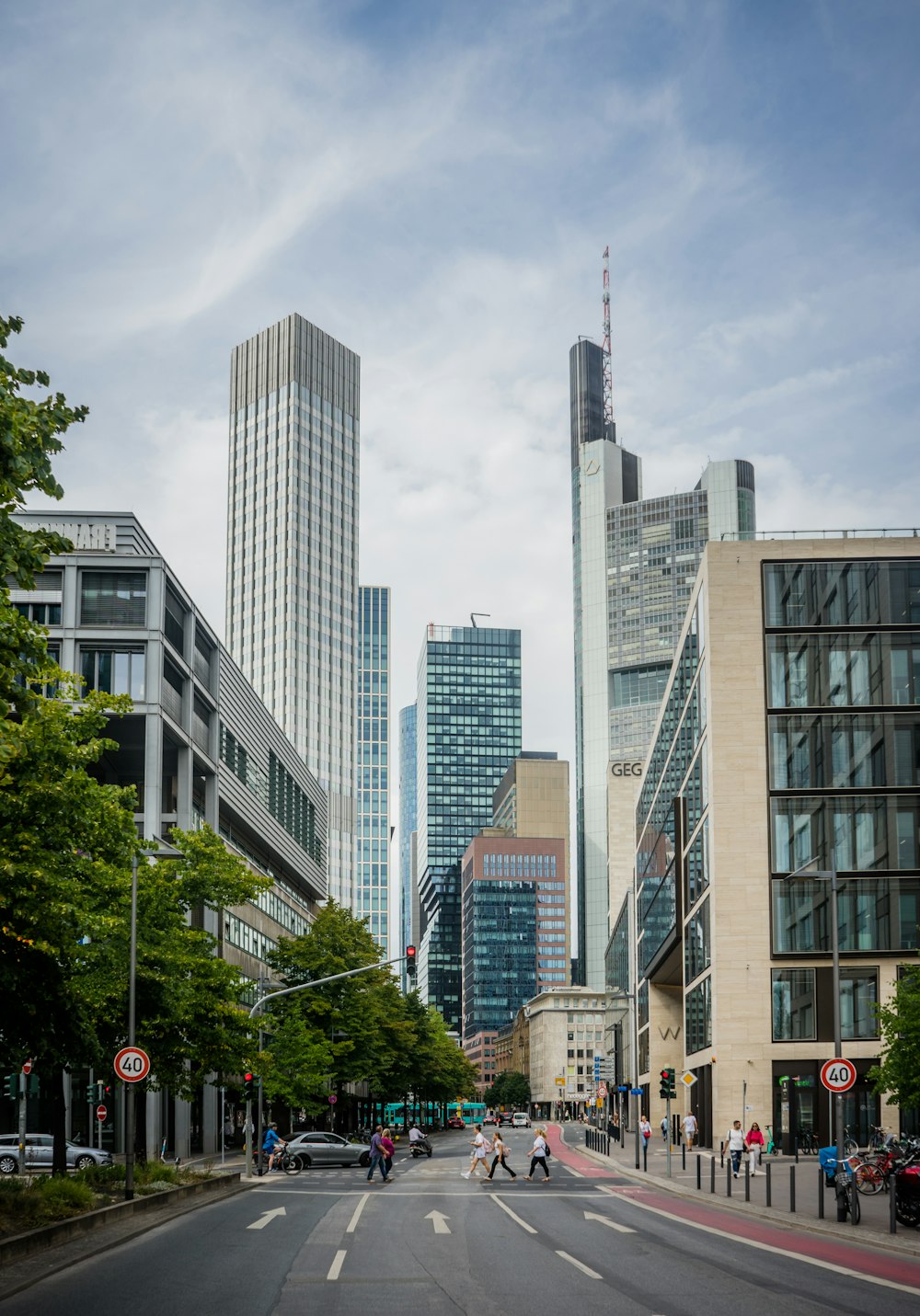 a city street with tall buildings