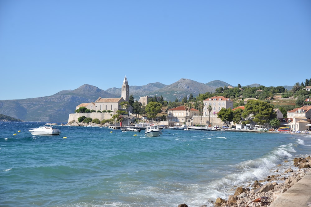 a body of water with boats and buildings along it