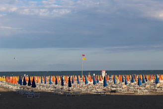 a beach with many umbrellas