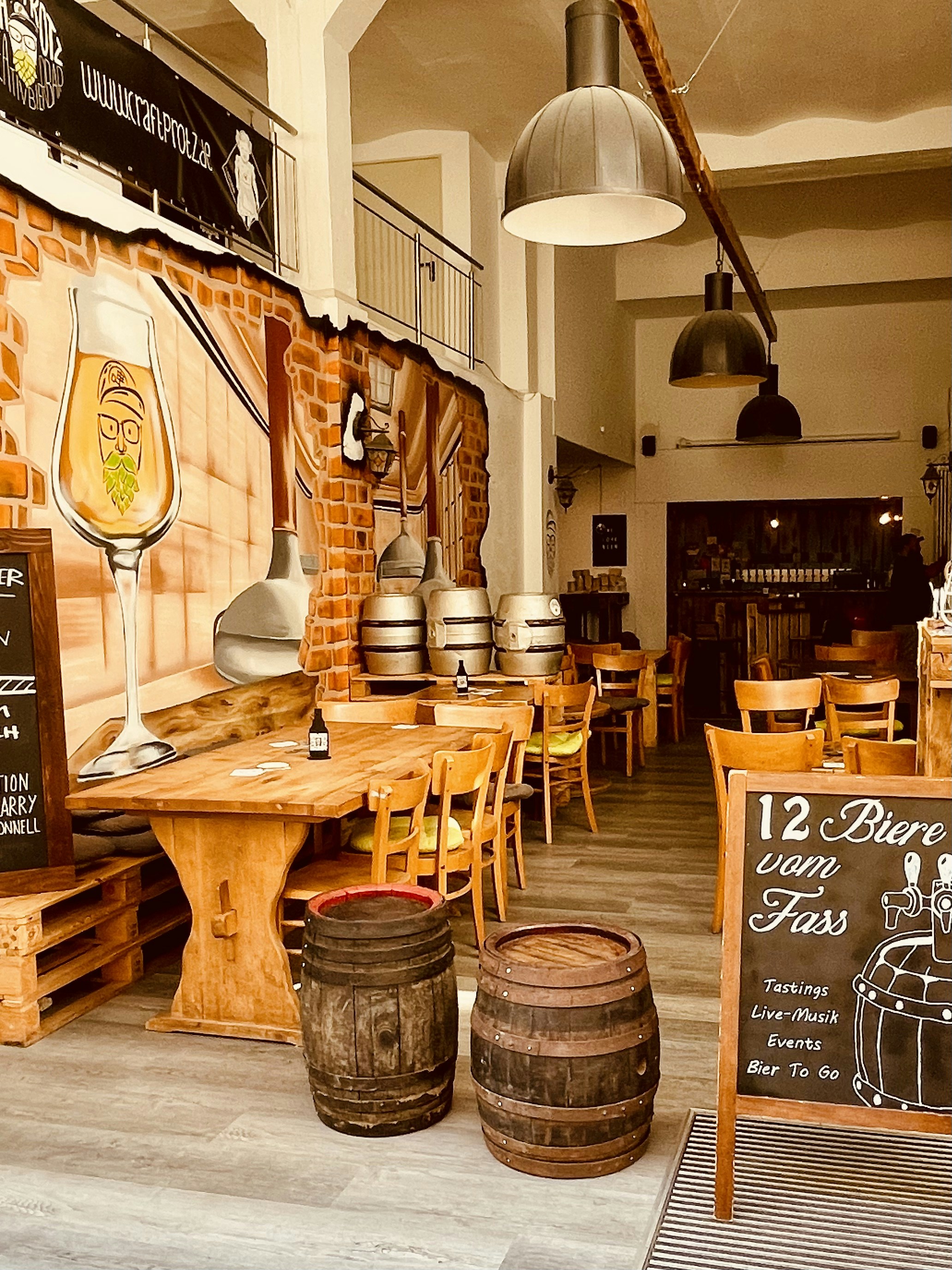 Cozy brewpub interior with wooden tables and local atmosphere