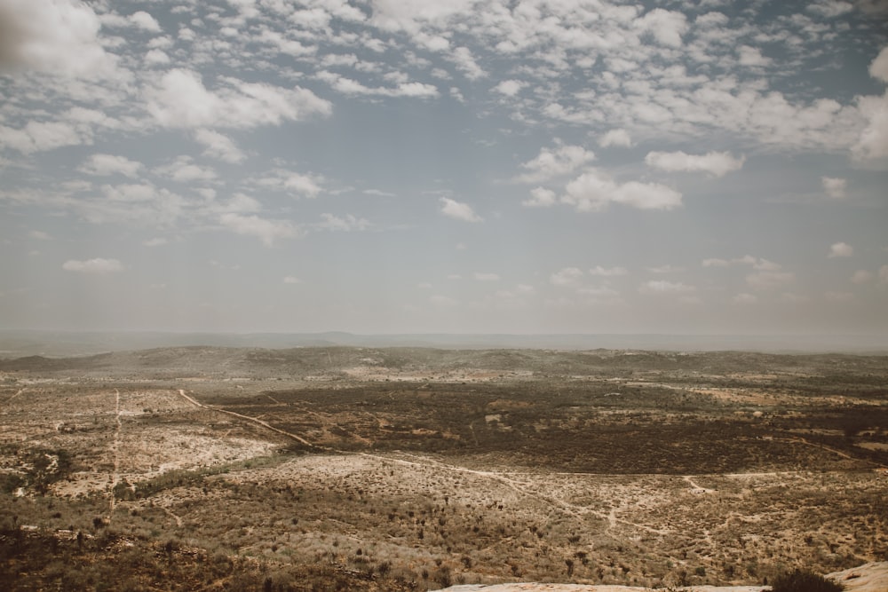 a landscape with a body of water in the distance