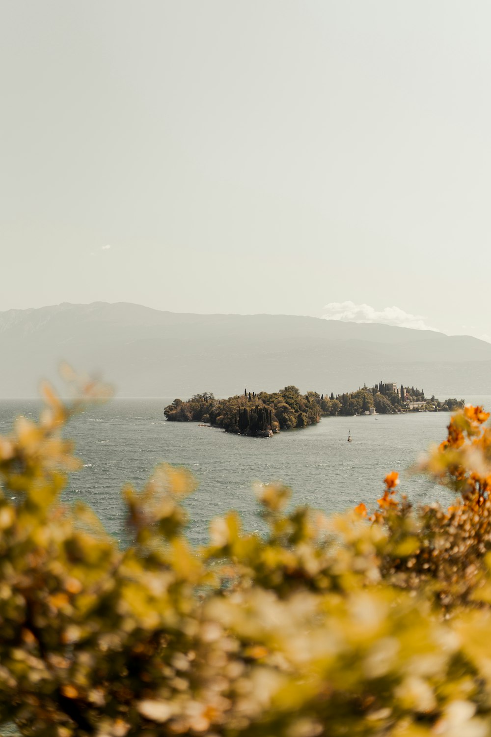 a body of water with a land with trees and mountains in the background