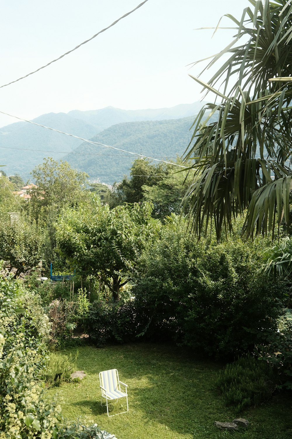 a chair in a yard with trees and mountains in the background