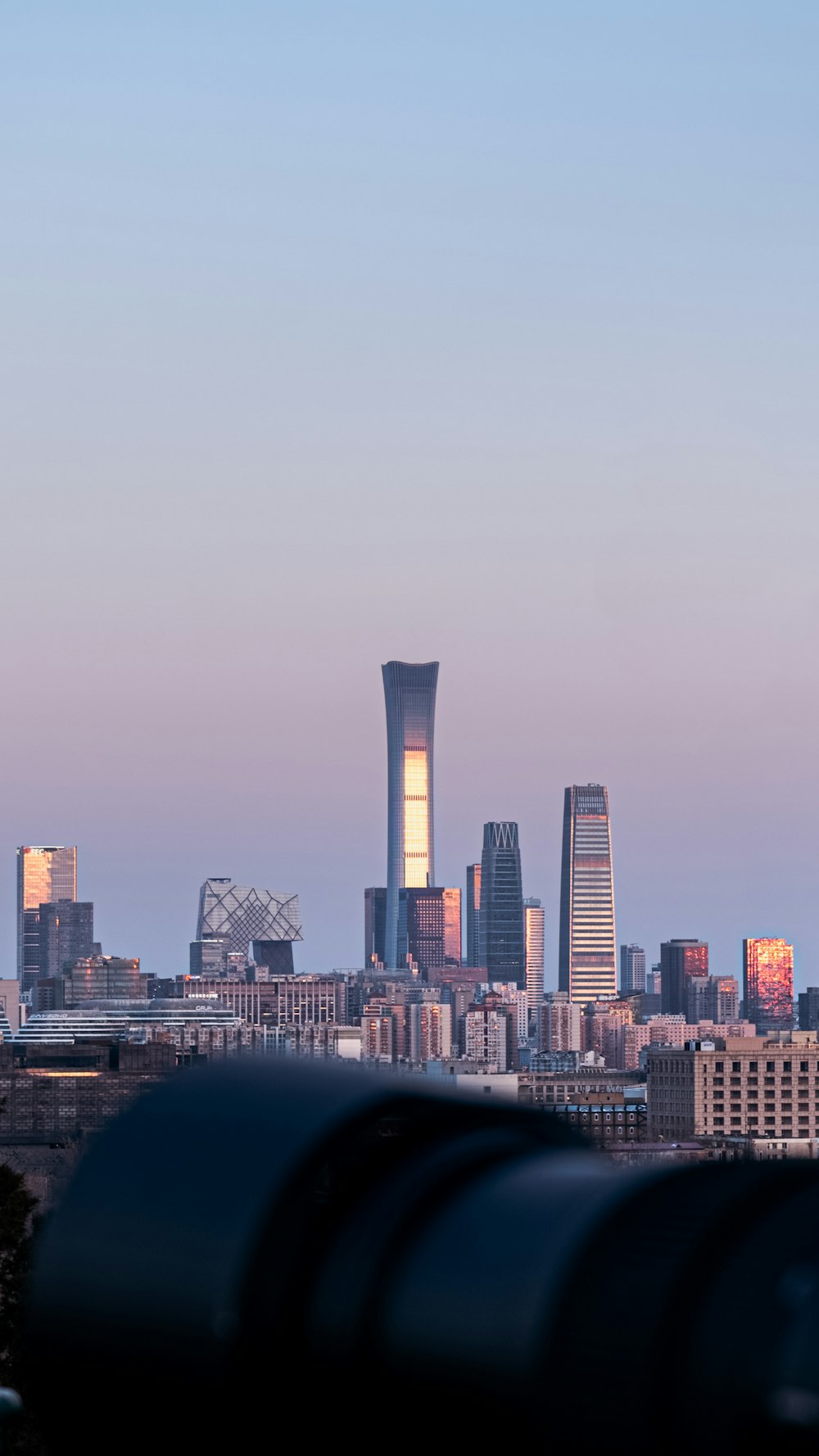 a city skyline with a ferris wheel