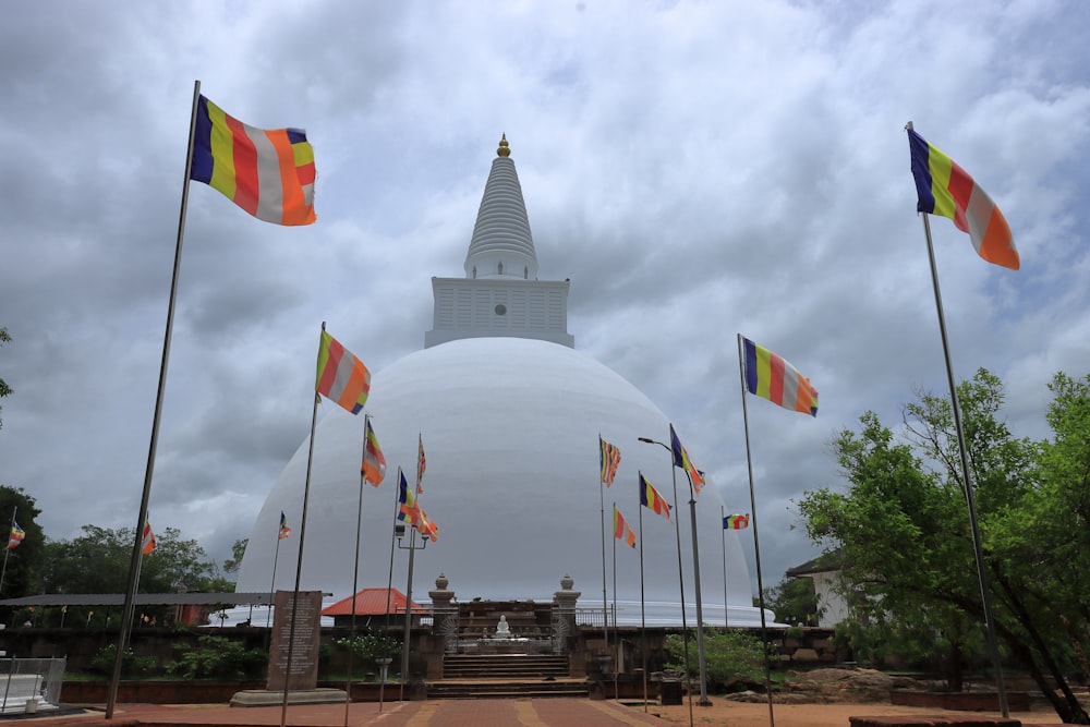 a group of flags in front of a white building