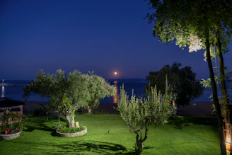 A serene, moonlit garden showcasing sleek stone pathways, softly glowing outdoor lighting, and a tranquil water feature reflecting the night sky.