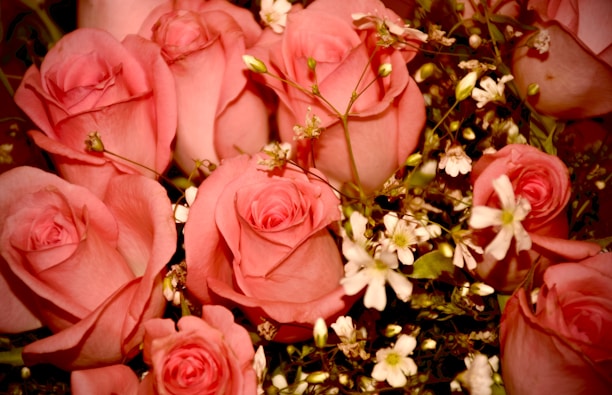 An elegant anniversary arrangement with deep red roses and delicate white blooms.