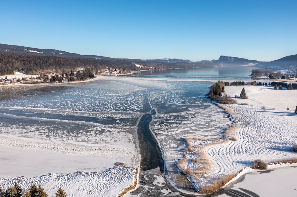 a river with ice and snow