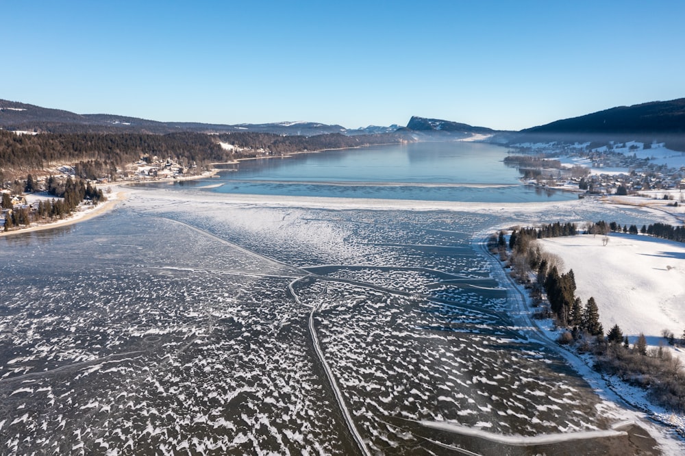 a river with snow on the banks