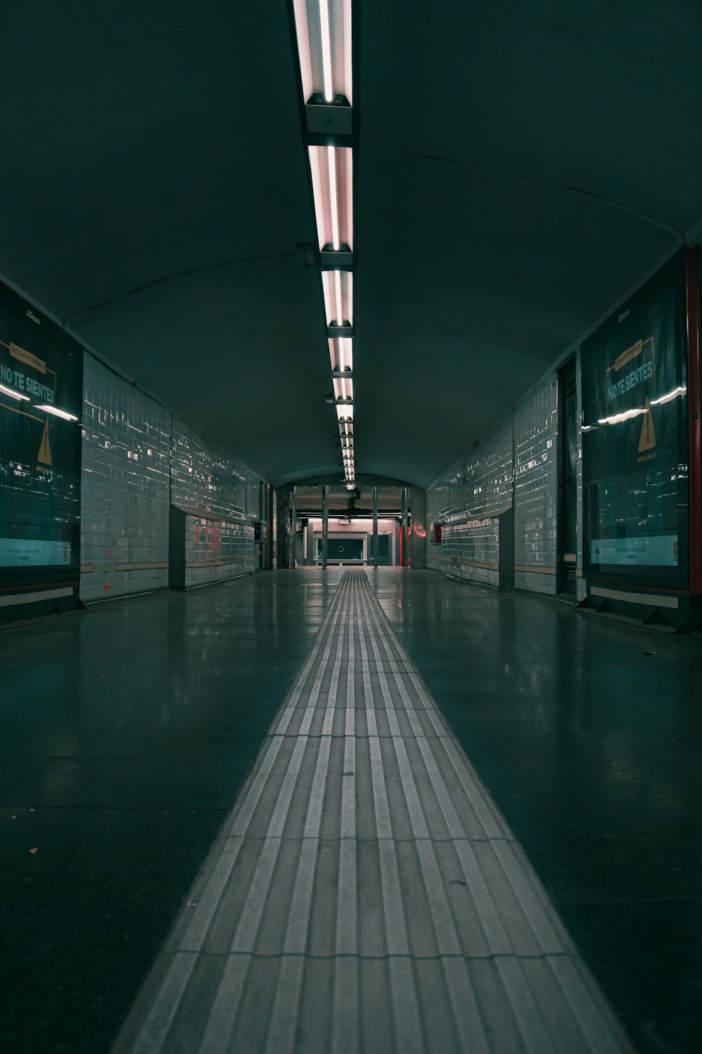 a long hallway with a light