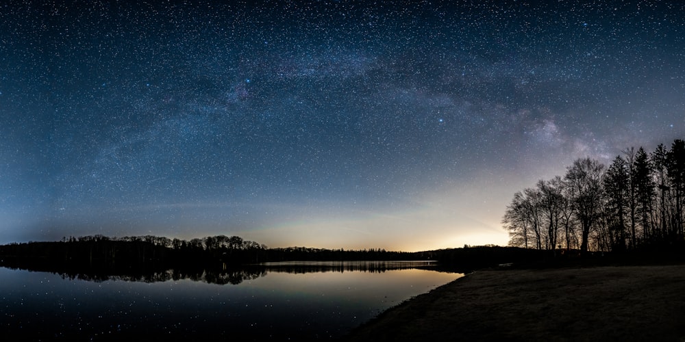 un lago con árboles y un cielo estrellado arriba