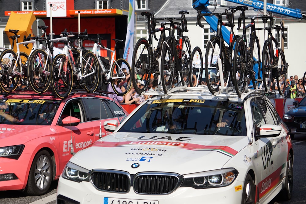 a group of bicycles on top of a car