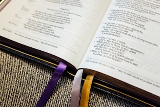 An open book with visible text, likely a religious scripture, rests on a textured fabric surface. The book has two colored ribbons, purple and yellow, marking different pages.