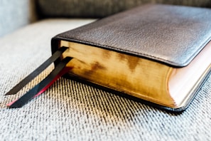 A large book with a dark leather cover and gold-edged pages rests on a textured fabric surface. Two ribbons, one black and one red, extend from the book's spine, serving as bookmarks.