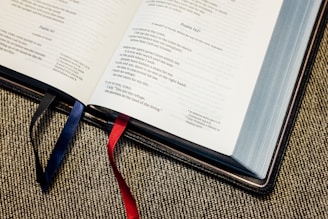 An open Bible is displayed on a fabric surface. Two ribbons, one blue and one red, act as bookmarks. The pages are filled with text, featuring a section labeled Psalm 142.