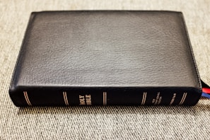 A black leather-bound book with the title 'Holy Bible' embossed in gold on the spine is lying flat on a textured surface. The book is thick, with several multi-colored ribbon markers peeking out from the bottom right corner.