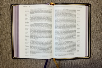 An open book displaying a passage from the Bible, specifically from the Gospel of Luke. The pages are filled with text in two columns, featuring headings such as 'A Warning Against Hypocrisy' and 'Do Not Worry.' The book rests on a textured fabric surface, and there are multiple ribbon bookmarks, including a prominent gold one.