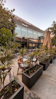 Outdoor patio area with comfortable seating and terracotta planters.
