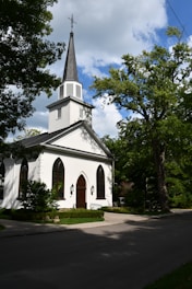 a white church with a steeple
