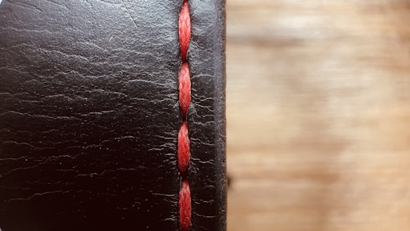 A close-up view of a black leather surface with prominent red stitching running vertically. The texture of the leather is visible, with fine lines and slight imperfections giving it a rugged look. The background is softly blurred, creating a warm contrast with the leather's dark hue.