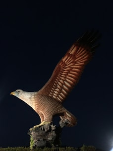 A large statue of an eagle with its wings widely spread, perched on top of a rocky base. The eagle's feathers are detailed, showing a gradient from light brown to dark brown, and it stands against a dark night sky.