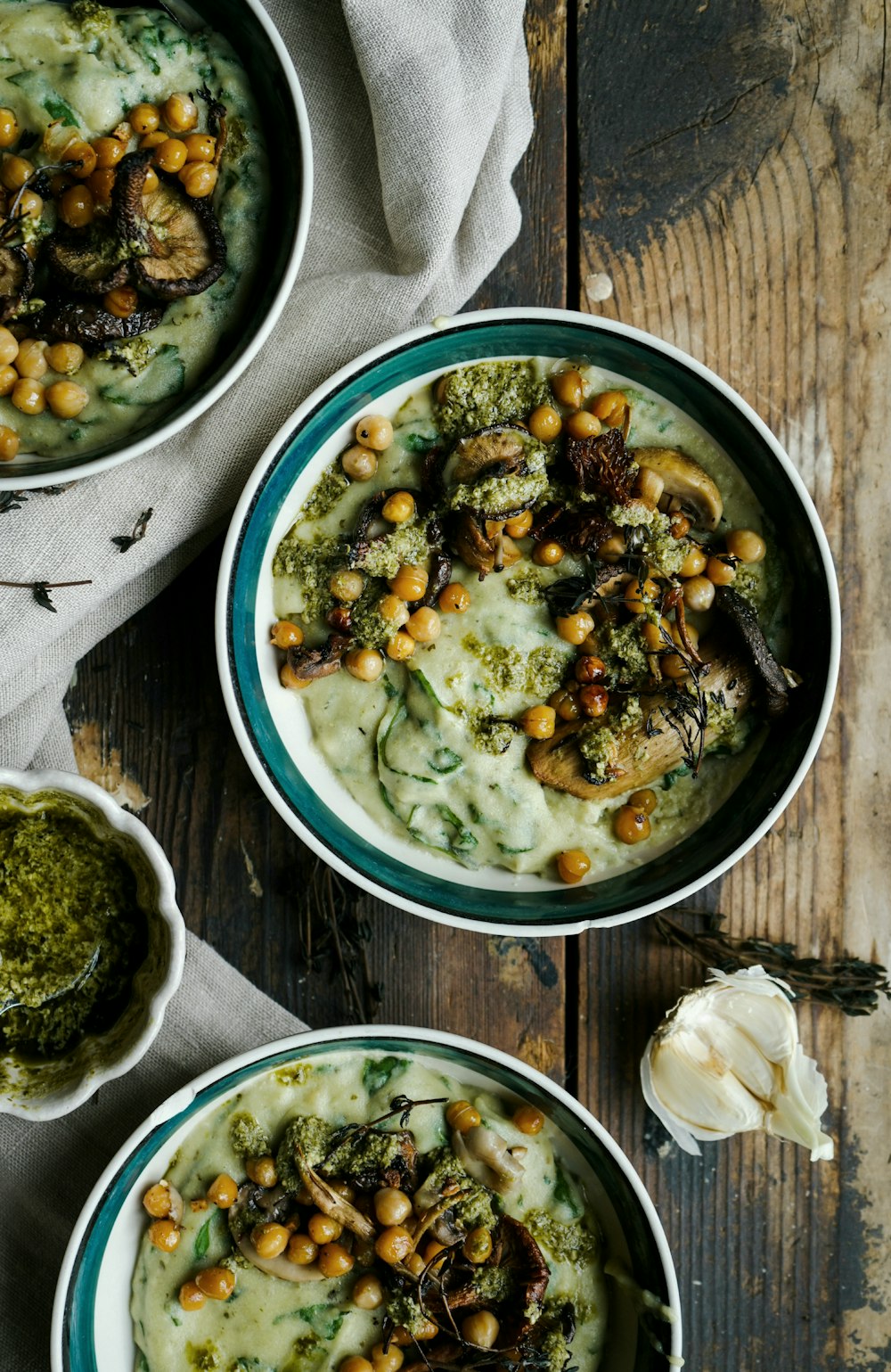 a group of bowls with food in it