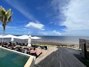 A scenic beachfront setting with sun loungers and umbrellas on a wooden deck adjacent to a pool. The clear blue sky is dotted with a few clouds, and the ocean extends towards the horizon. A palm tree adds a tropical touch to the setting.
