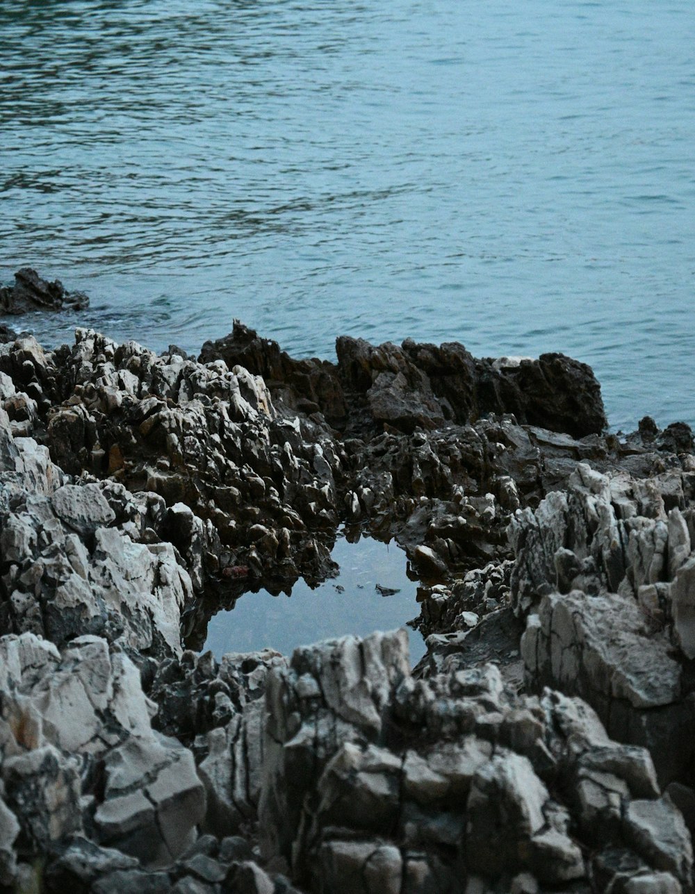a rocky shoreline with a body of water in the background
