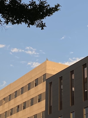 Aerial shot of a modern residential building bathed in golden hour light.