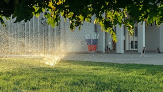 A sprinkler is watering the vibrant green grass under a canopy of trees, with sunlight glistening through the water droplets. In the background, a person rides a scooter near a building with numerous vertical columns, and a sculpture featuring elements of red, white, and blue stands prominently.