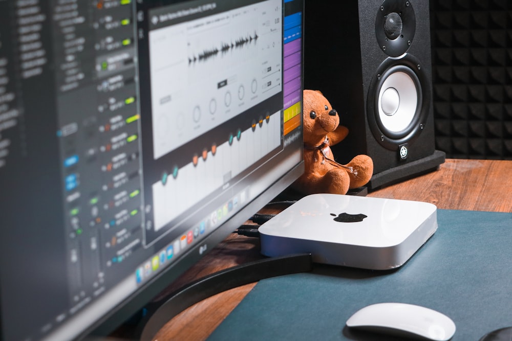 a computer monitor and speakers