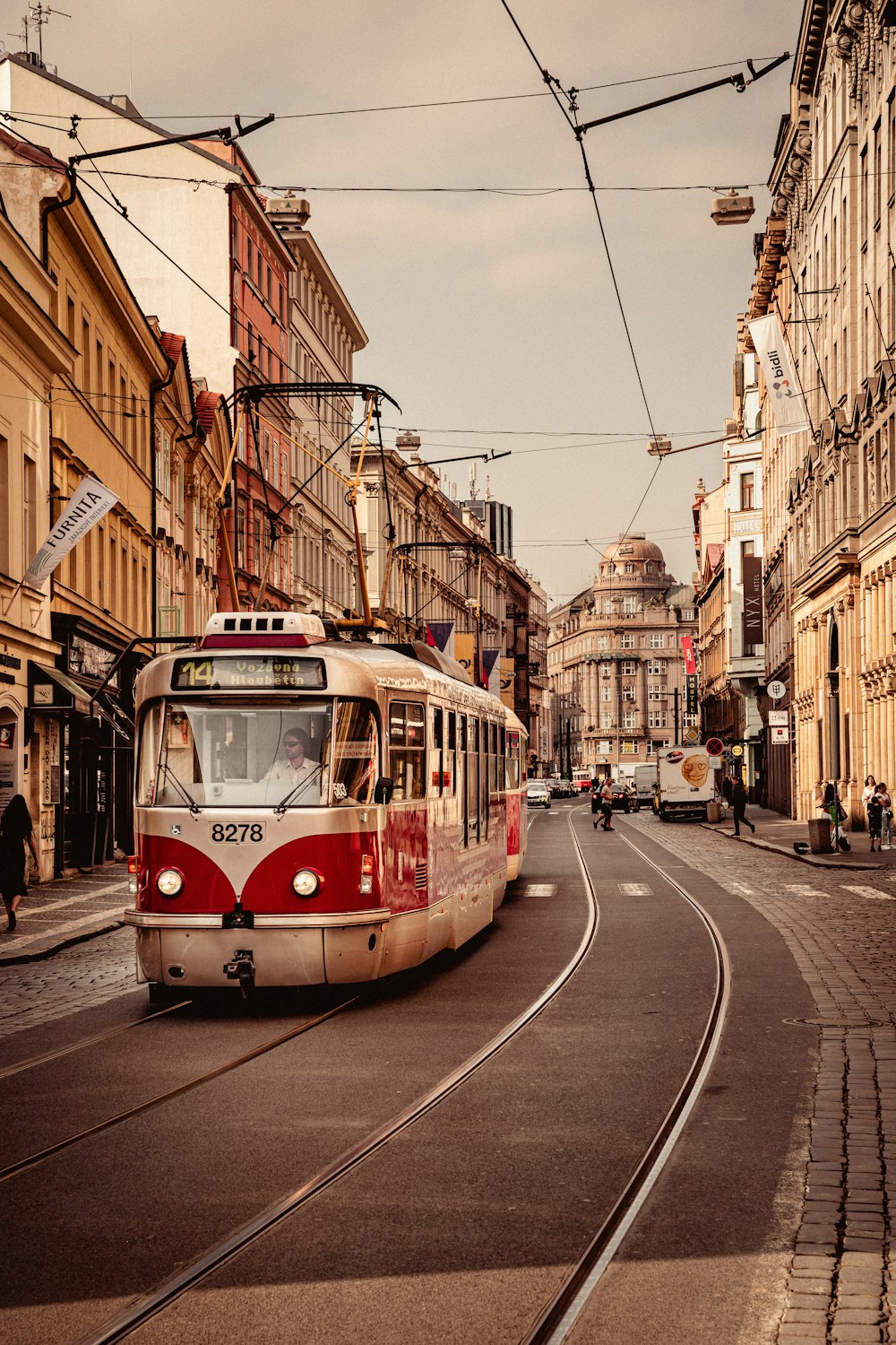 a trolley on a city street